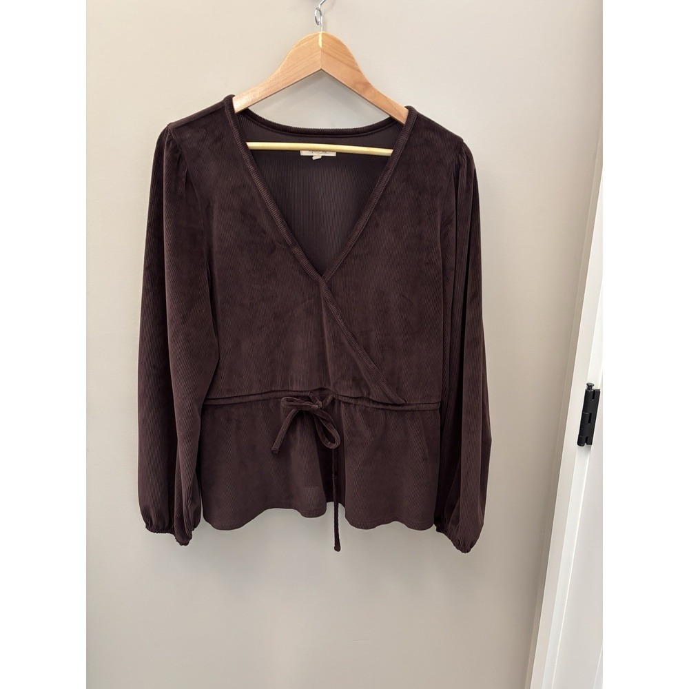 MADEWELL Women's Purple Velvet Ribbed Faux Wrap V Neck Balloon Sleeve Top Sz XL
